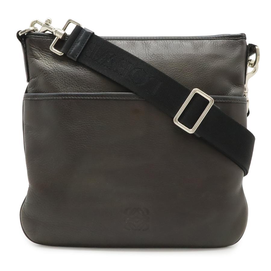 LOEWE ロエベ アナグラム ショルダーバッグ 斜め掛け マチなし レザー ダークブラウン ブラック 黒 シルバー金具 | LOEWE