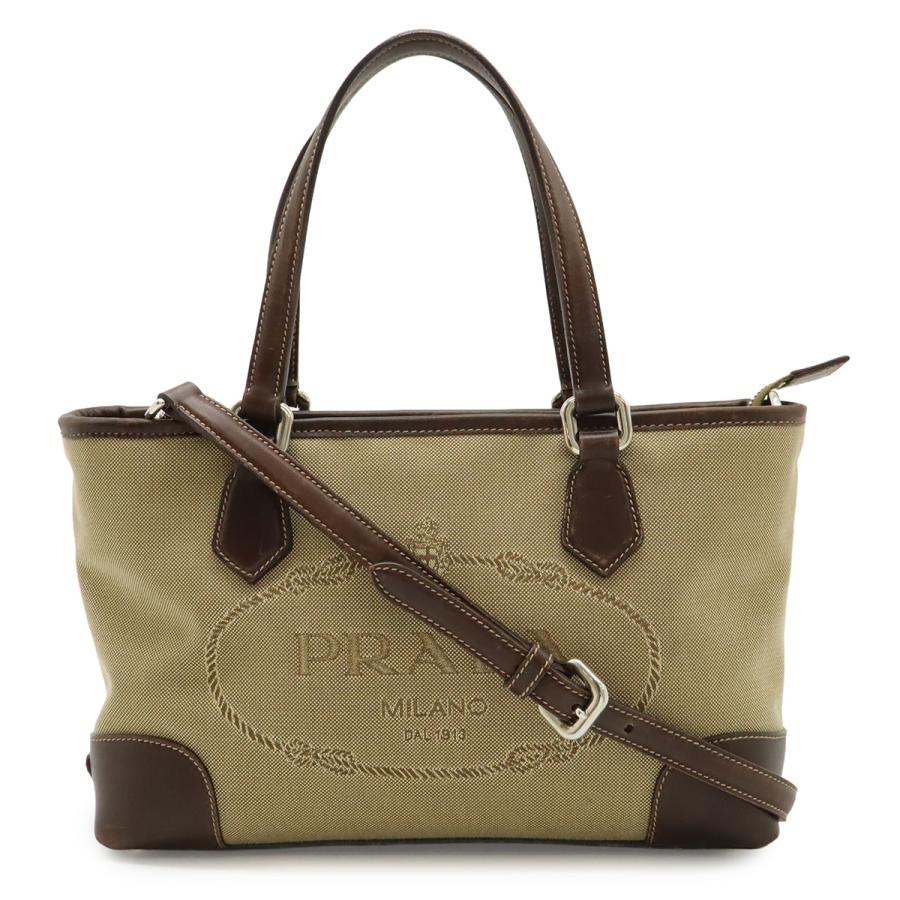 PRADA プラダ ロゴジャガード ハンドバッグ 2WAY ショルダーバッグ キャンバス レザー カーキベージュ ダークブラウン ゴールド金具 | PRADA