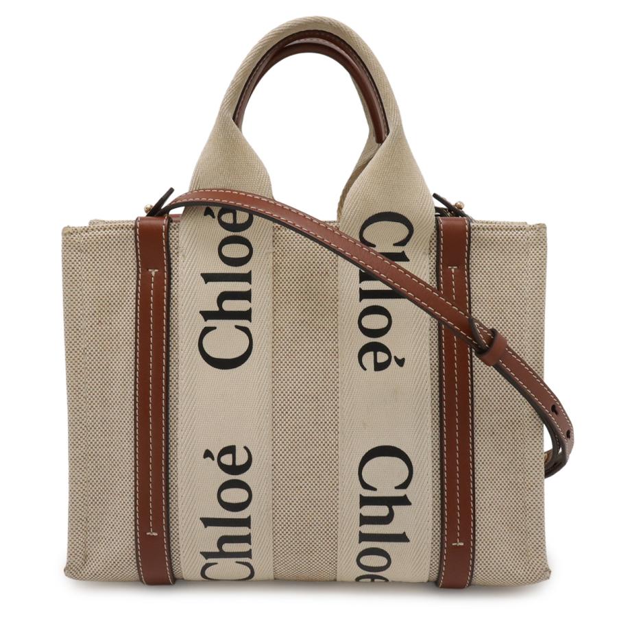 Chloe クロエ ウッディ スモール トートバッグ ハンドバッグ 2WAY ショルダーバッグ キャンバス レザー ベージュ ブラウン CHC23AS397 | Chloe
