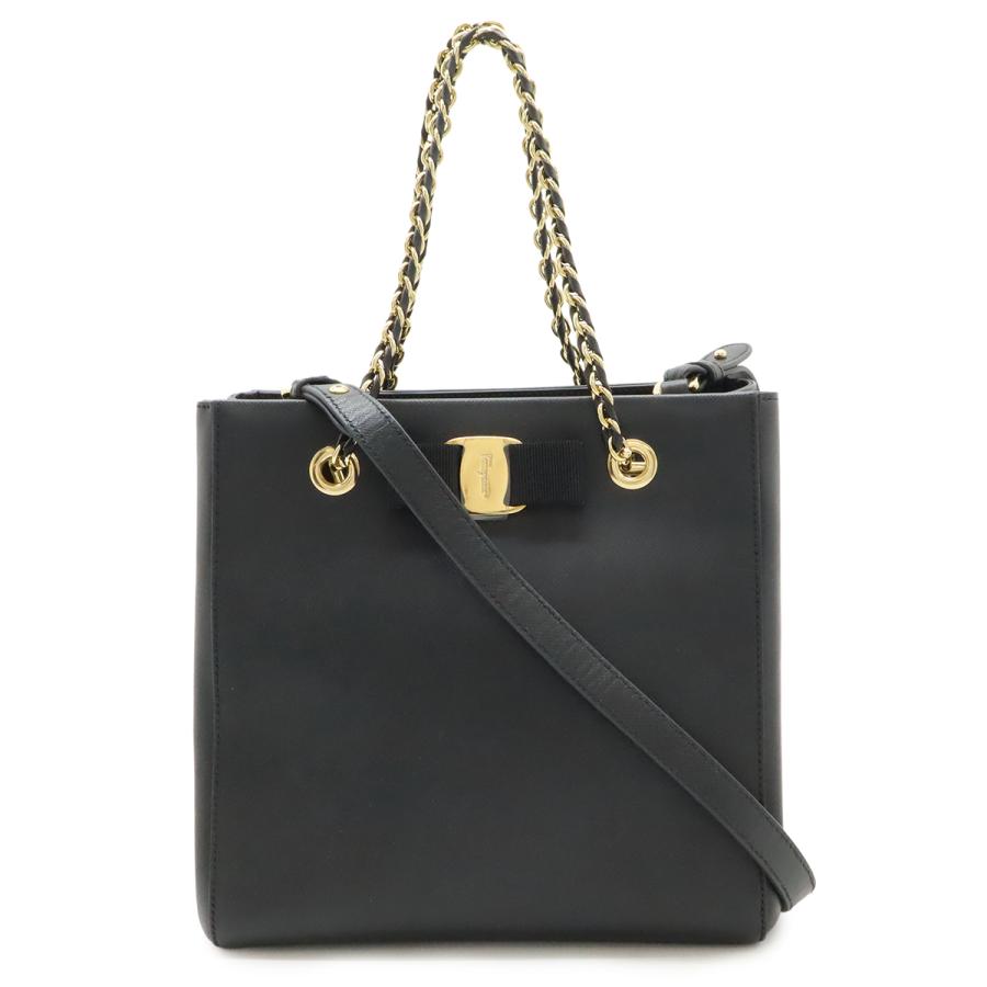 Salvatore Ferragamo サルヴァトーレ フェラガモ ヴァラ リボン チェーンバッグ 2WAY ショルダーバッグ ブラック 黒 ゴールド金具 | 