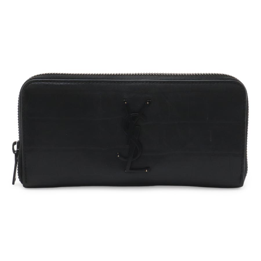 SAINT LAURENT PARIS サン ローラン パリ YSL イブサンローラン ラウンドファスナー 長財布 クロコ調 レザー ブラック 黒 ブラック金具 | 