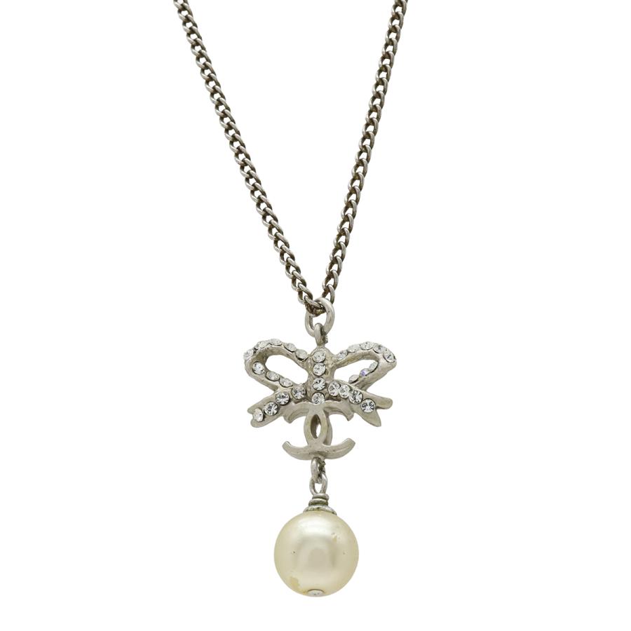 CHANEL シャネル ココマーク リボン フェイクパール ネックレス ペンダント メタル ラインストーン シルバー アイボリー 05P | CHANEL