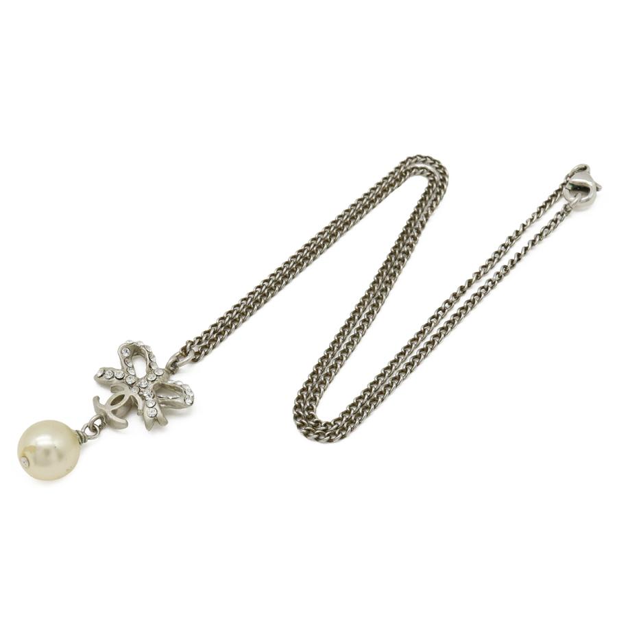 CHANEL シャネル ココマーク リボン フェイクパール ネックレス ペンダント メタル ラインストーン シルバー アイボリー 05P | CHANEL | 01
