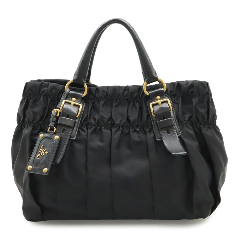 PRADA プラダ ギャザー トートバッグ ハンドバッグ ナイロン レザー NERO 黒 ブラック ゴールド金具 BN1746 | PRADA