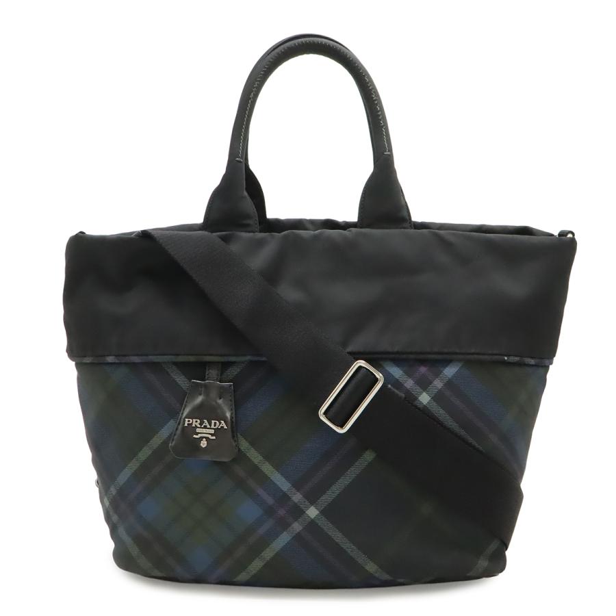 PRADA プラダ トートバッグ 2WAY ショルダーバッグ リバーシブル チェック ナイロン ブラック 黒 ブルー系マルチカラー BR4521 | PRADA