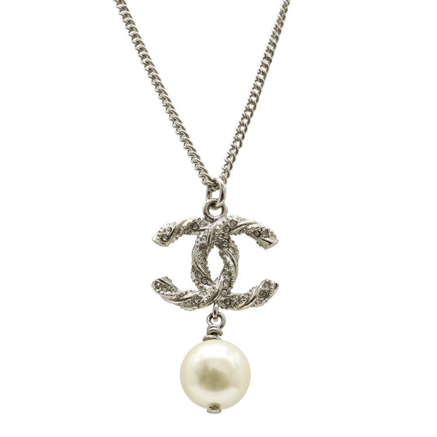 CHANEL シャネル ココマーク フェイクパール ネックレス ペンダント メタル ラインストーン シルバー アイボリー B14V | CHANEL