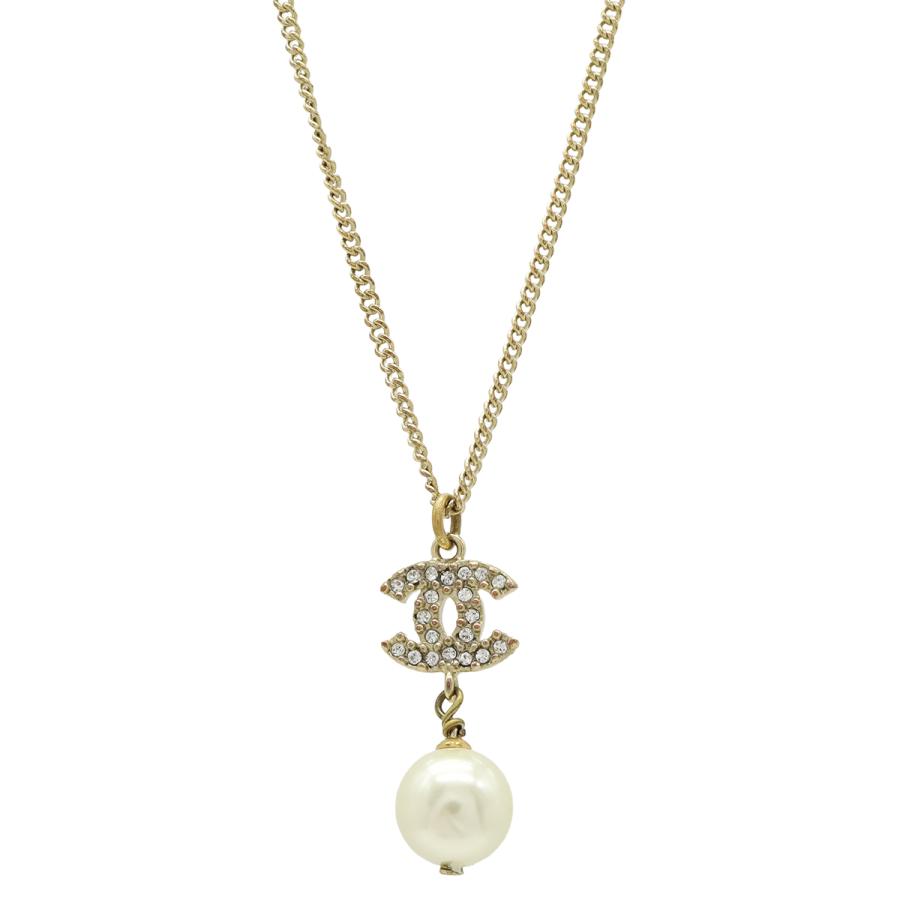 CHANEL シャネル ココマーク フェイクパール ネックレス ペンダント GP ラインストーン ゴールド アイボリー 10A | CHANEL