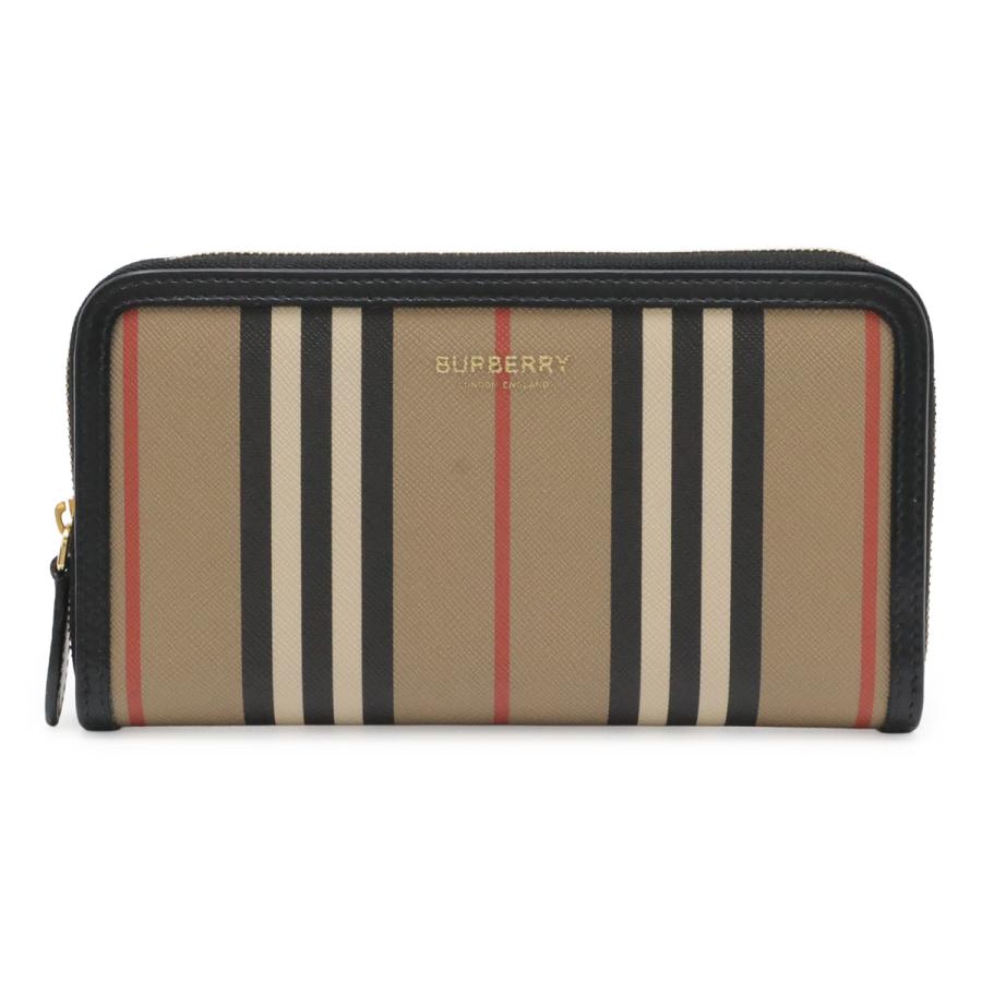 BURBERRY バーバリー エルモア ストライプ ラウンドファスナー 長財布 PVC レザー ベージュ ブラック レッド ゴールド金具 8027427 | BURBERRY