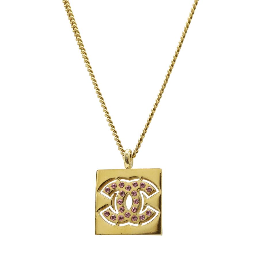 CHANEL シャネル スクエア ココマーク ネックレス ペンダント ラインストーン GP ゴールド ピンク 01P | CHANEL