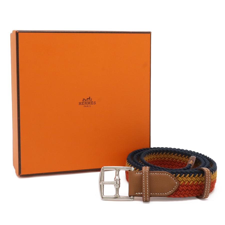 HERMES エルメス ロカバール エトリヴィエール ベルト 編み込み ワックスコットン レザー オレンジ イエロー ネイビー ブラウン #100 | HERMES | 05
