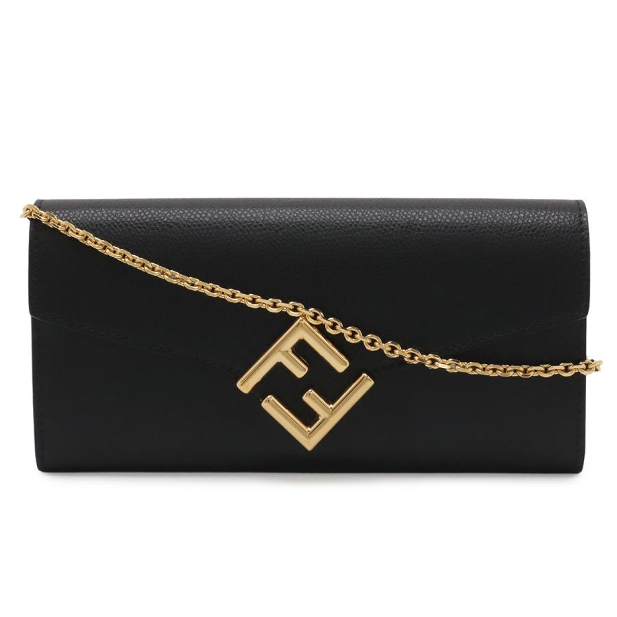 FENDI フェンディ FFダイヤモンド チェーンウォレット 長財布 クラッチバッグ 2WAY ポシェット レザー ブラック 黒 ゴールド金具 8M0365 | FENDI