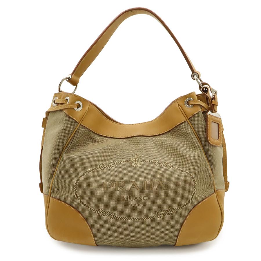PRADA プラダ ロゴジャガード ショルダーバッグ ワンショルダー セミショルダー キャンバス レザー カーキベージュ ナチュラル BR3432 | PRADA