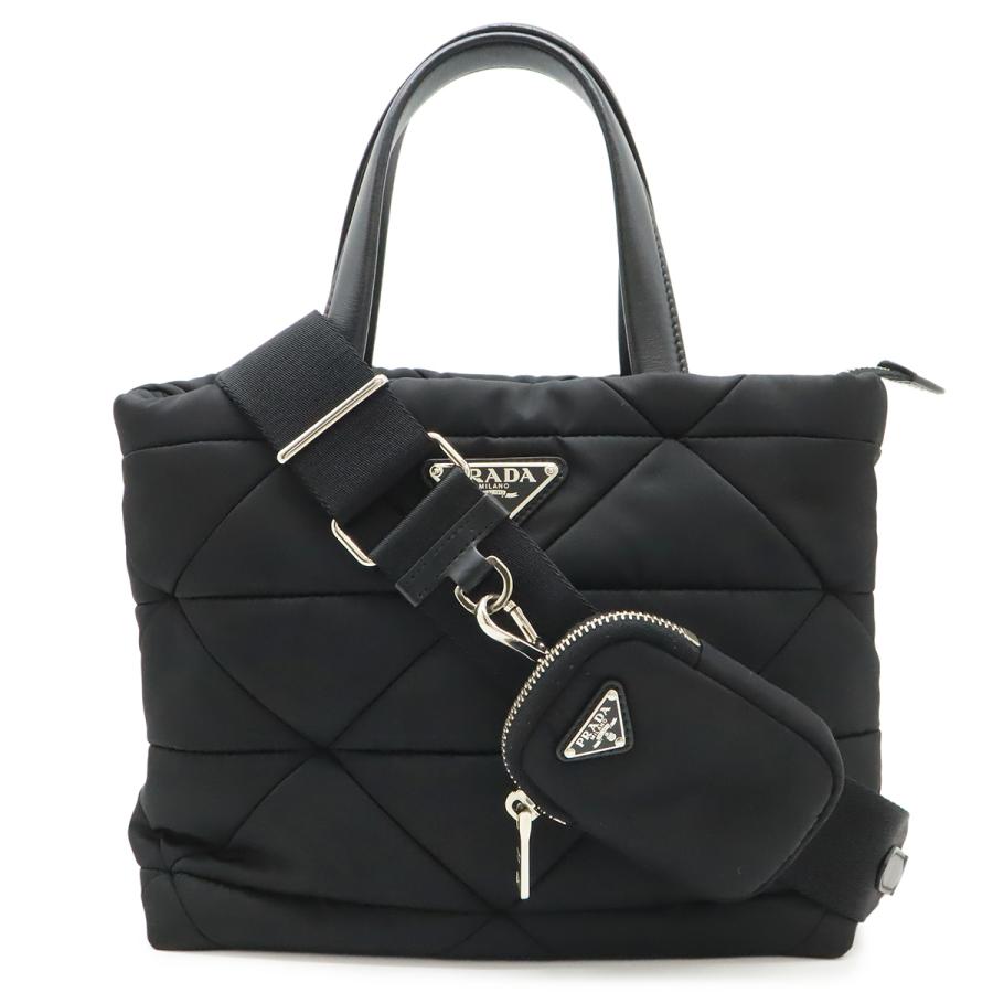 PRADA プラダ スモール パデッド トートバッグ ハンドバッグ 2WAY ショルダーバッグ ナイロン レザー NERO ブラック シルバー金具 | PRADA
