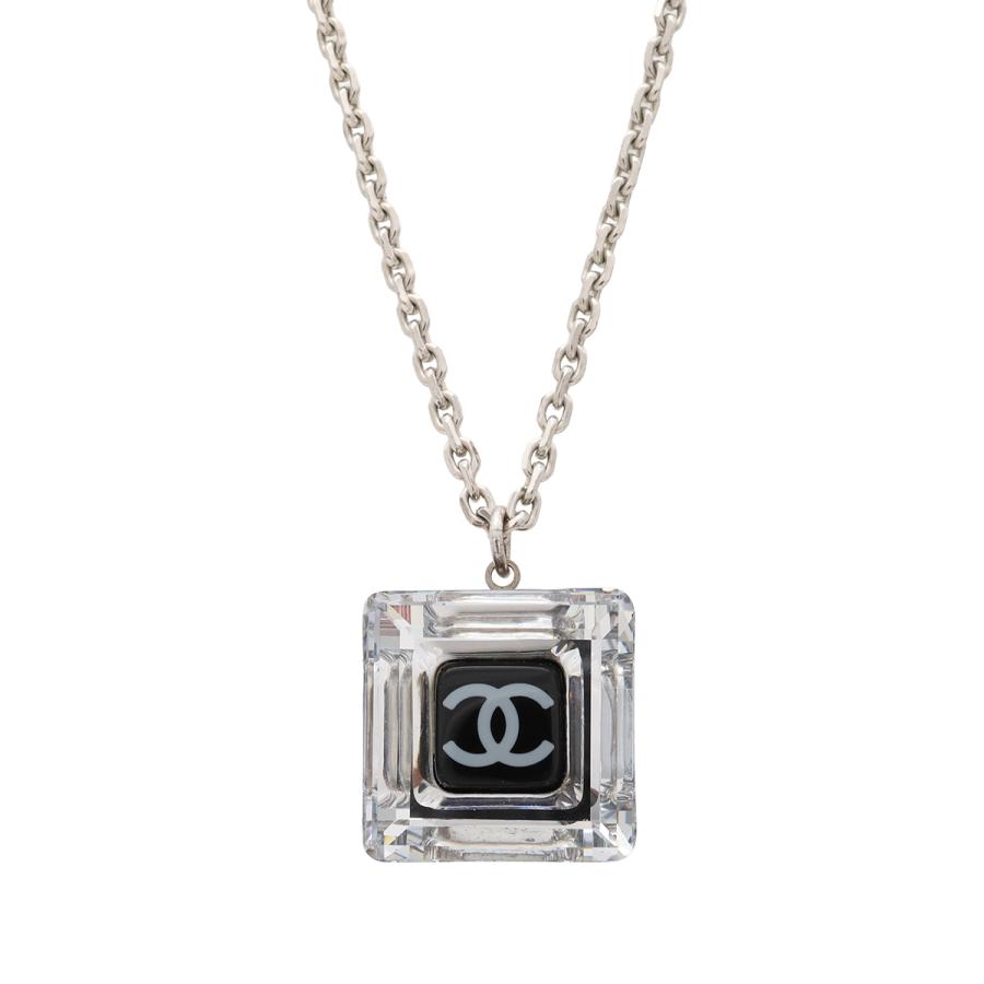 CHANEL シャネル ココマーク スクエア キューブ ネックレス ペンダント メタル プラスチック シルバー クリア ブラック 05A | CHANEL