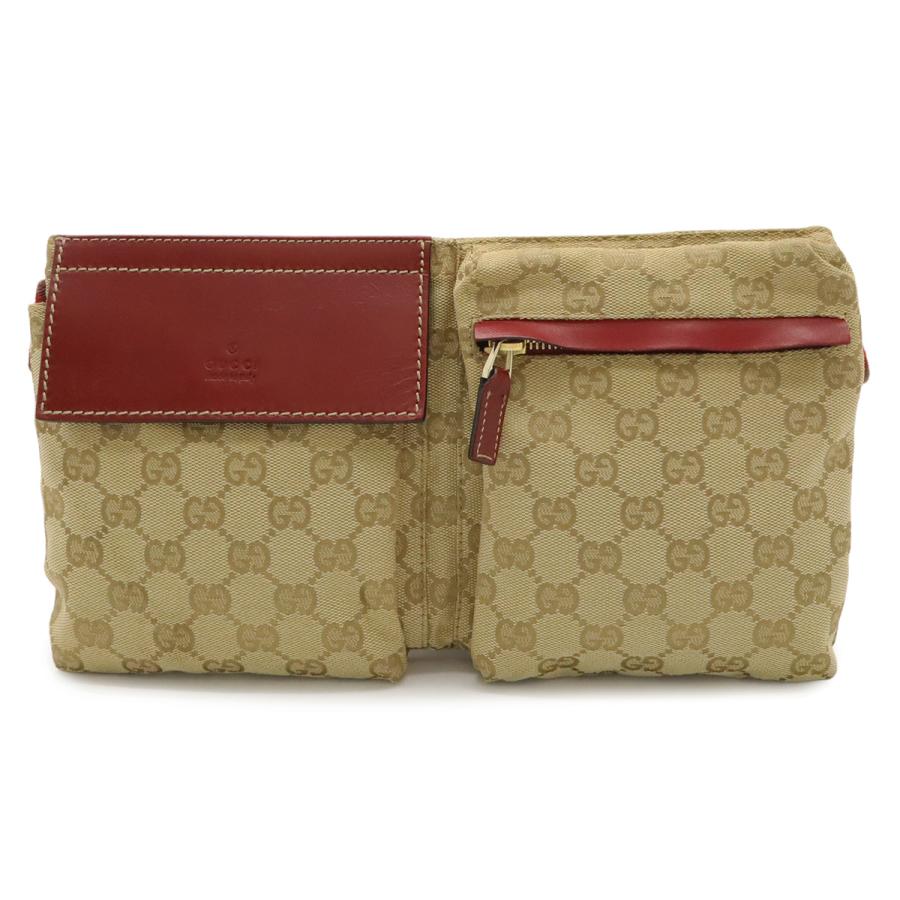 GUCCI グッチ GGキャンバス シェリーライン ボディバッグ ウエストポーチ ヒップバッグ レザー ベージュ ピンクレッド系 ゴールド金具 | GUCCI