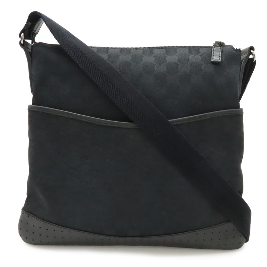 GUCCI グッチ GGキャンバス ショルダーバッグ メッセンジャーバッグ 斜め掛け パンチング レザー ブラック 黒 シルバー金具 145857 | GUCCI
