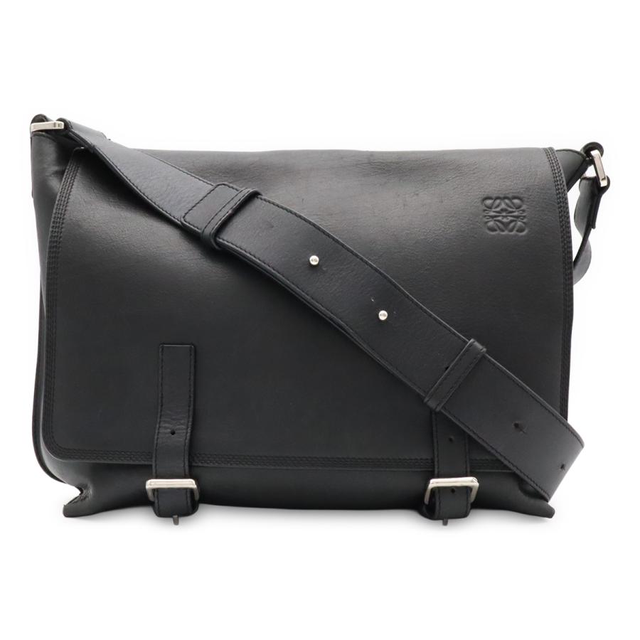 LOEWE ロエベ アナグラム ミリタリーメッセンジャーバッグ ショルダーバッグ キャンバス レザー ブラック 黒 シルバー金具 | LOEWE
