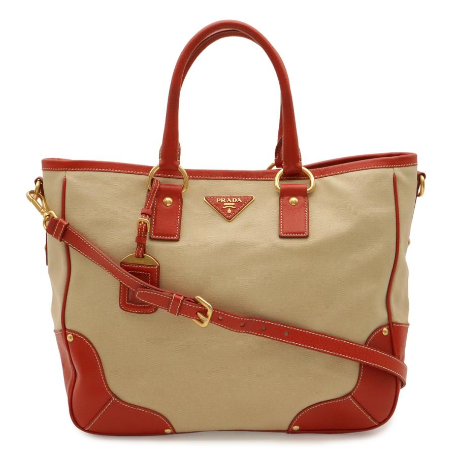 PRADA プラダ トライアングルロゴ トートバッグ 2WAY ショルダーバッグ 斜め掛け キャンバス レザー ベージュ レッド 赤 ゴールド金具 | PRADA