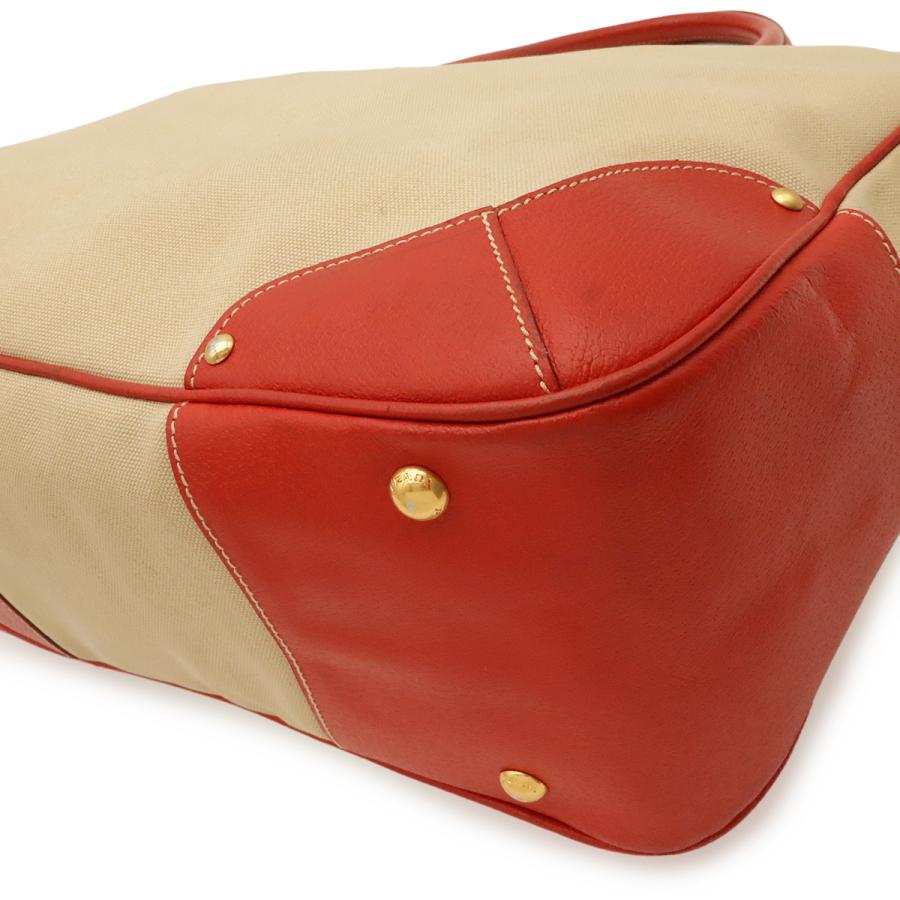 PRADA プラダ トライアングルロゴ トートバッグ 2WAY ショルダーバッグ 斜め掛け キャンバス レザー ベージュ レッド 赤 ゴールド金具 | PRADA | 02