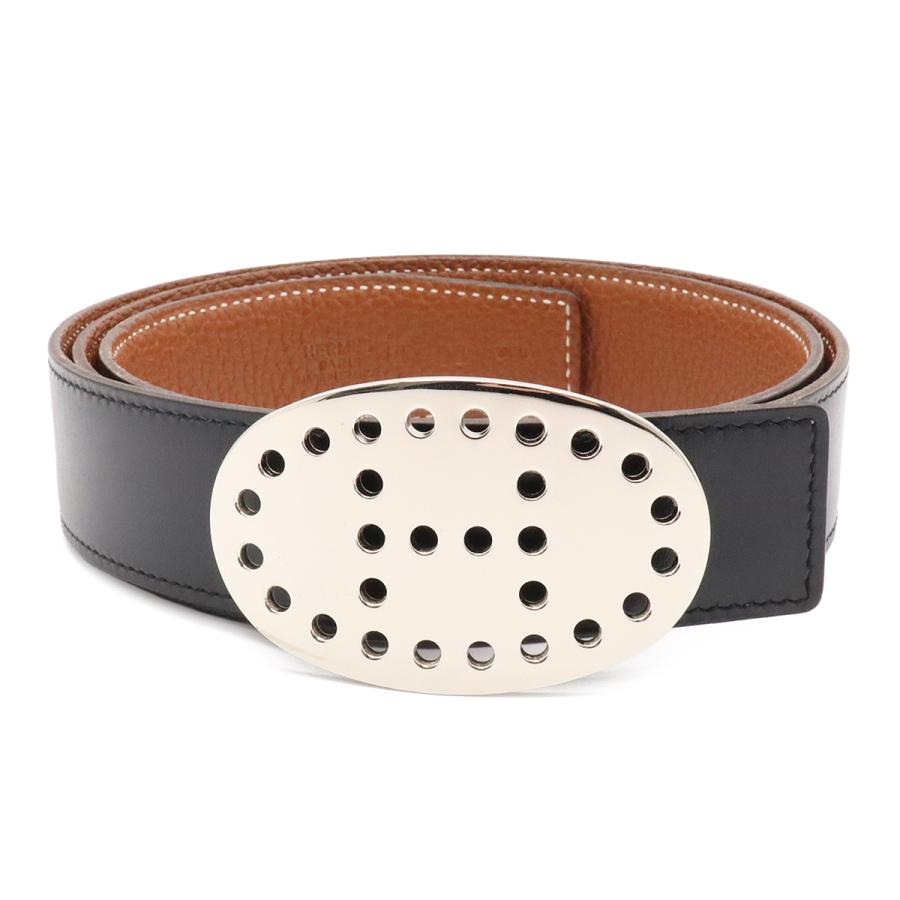 HERMES エルメス エヴリン エブリン リバーシブル ベルト ロゴパンチング レザー ブラック シルバー金具 #90 □I刻印 | HERMES