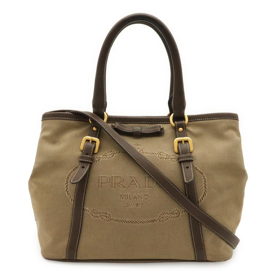 PRADA プラダ ロゴジャガード リボン ハンドバッグ トートバッグ 2WAY ショルダーバッグ キャンバス カーキベージュ モカブラウン BN1841 | PRADA