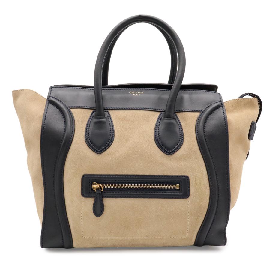 CELINE セリーヌ ラゲージ ミニショッパー トートバッグ ハンドバッグ スエード レザー ベージュ ブラック 黒 ゴールド金具 165213 | CELINE