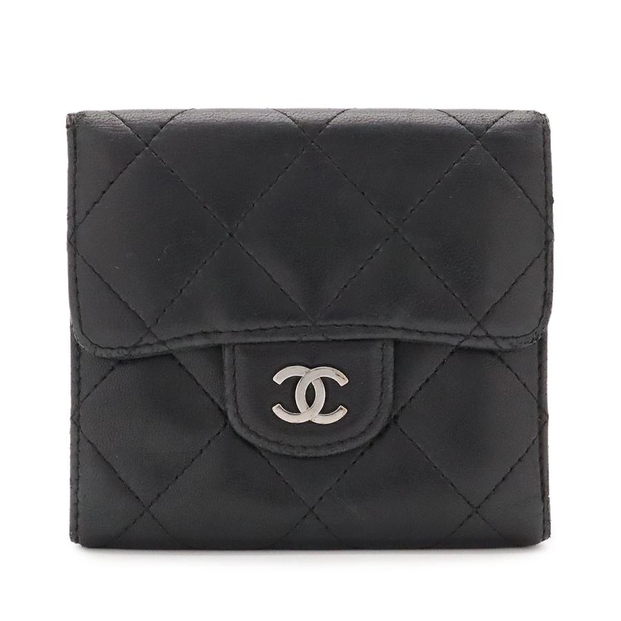 CHANEL シャネル マトラッセ ココマーク 2つ折財布 二つ折り Wホック財布 ダブルホック ラムスキン レザー ブラック 黒 シルバー金具 | CHANEL