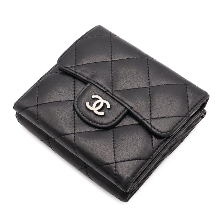 CHANEL シャネル マトラッセ ココマーク 2つ折財布 二つ折り Wホック財布 ダブルホック ラムスキン レザー ブラック 黒 シルバー金具 | CHANEL | 01