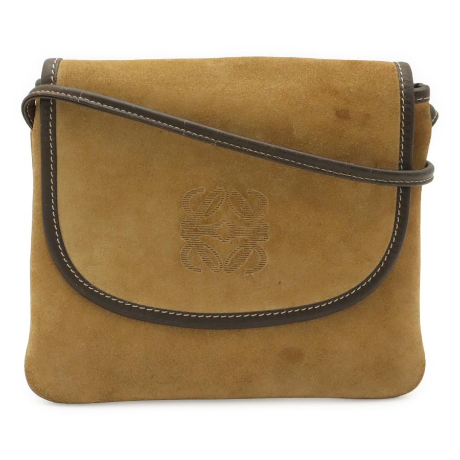 LOEWE ロエベ ヴィンテージ アナグラム ショルダーバッグ ポシェット 斜め掛け スエード レザー ライトカーキ系 ダークブラウン | LOEWE