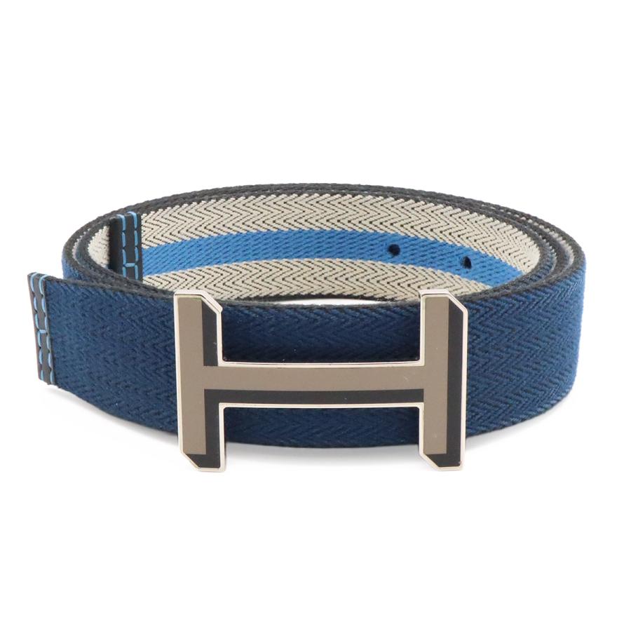 HERMES エルメス Hバックル リバーシブル ベルト ストライプ キャンバス レザー ネイビー 紺 ライトグレー ブルー シルバー金具 #90 | HERMES
