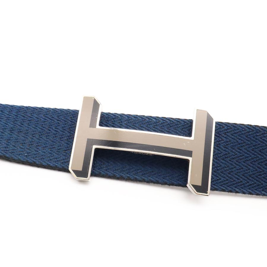 HERMES エルメス Hバックル リバーシブル ベルト ストライプ キャンバス レザー ネイビー 紺 ライトグレー ブルー シルバー金具 #90 | HERMES | 02