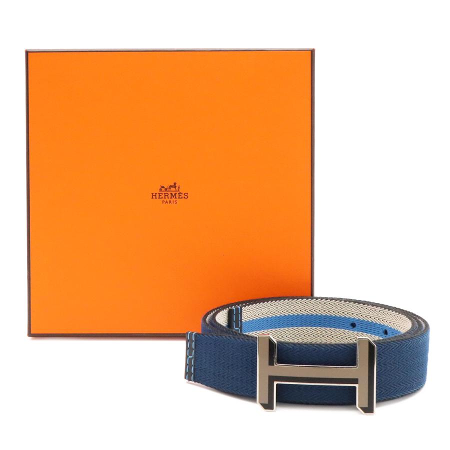 HERMES エルメス Hバックル リバーシブル ベルト ストライプ キャンバス レザー ネイビー 紺 ライトグレー ブルー シルバー金具 #90 | HERMES | 07