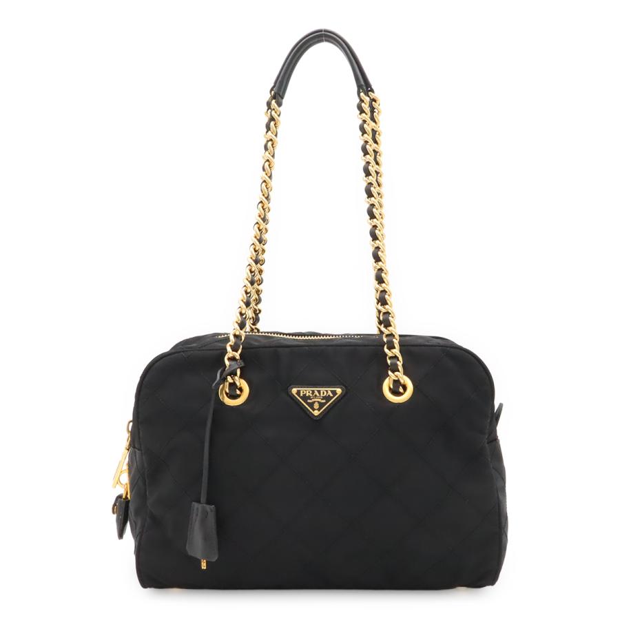 PRADA プラダ トライアングルロゴ キルティング ショルダーバッグ チェーンショルダー ナイロン レザー NERO 黒 ブラック ゴールド金具 | PRADA