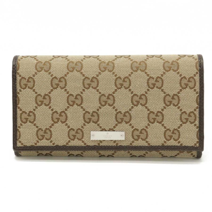 GUCCI グッチ GGキャンバス ロゴプレート 2つ折長財布 二つ折り長財布 レザー カーキベージュ ダークブラウン 茶 GUCCI グッチ ggキャンバス 二つ折り長財布 ベージュ