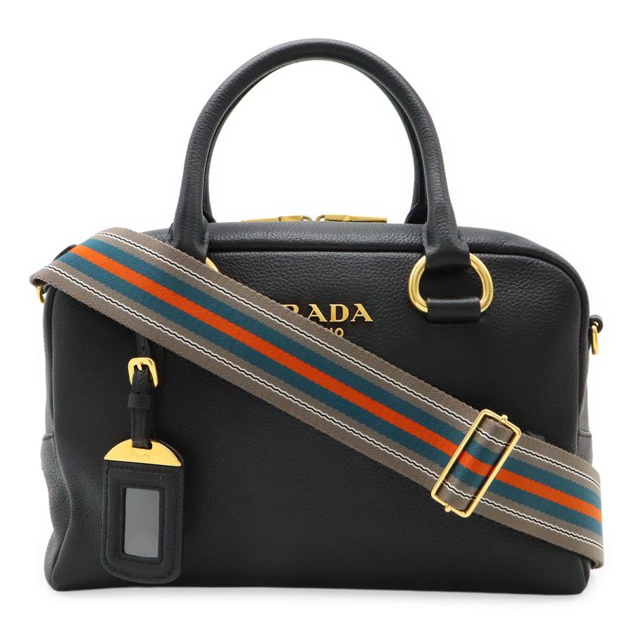PRADA プラダ ハンドバッグ ミニボストンバッグ 2WAY ショルダーバッグ ストライプショルダー 斜め掛け レザー NERO ブラック ゴールド金具 1BB108 | PRADA