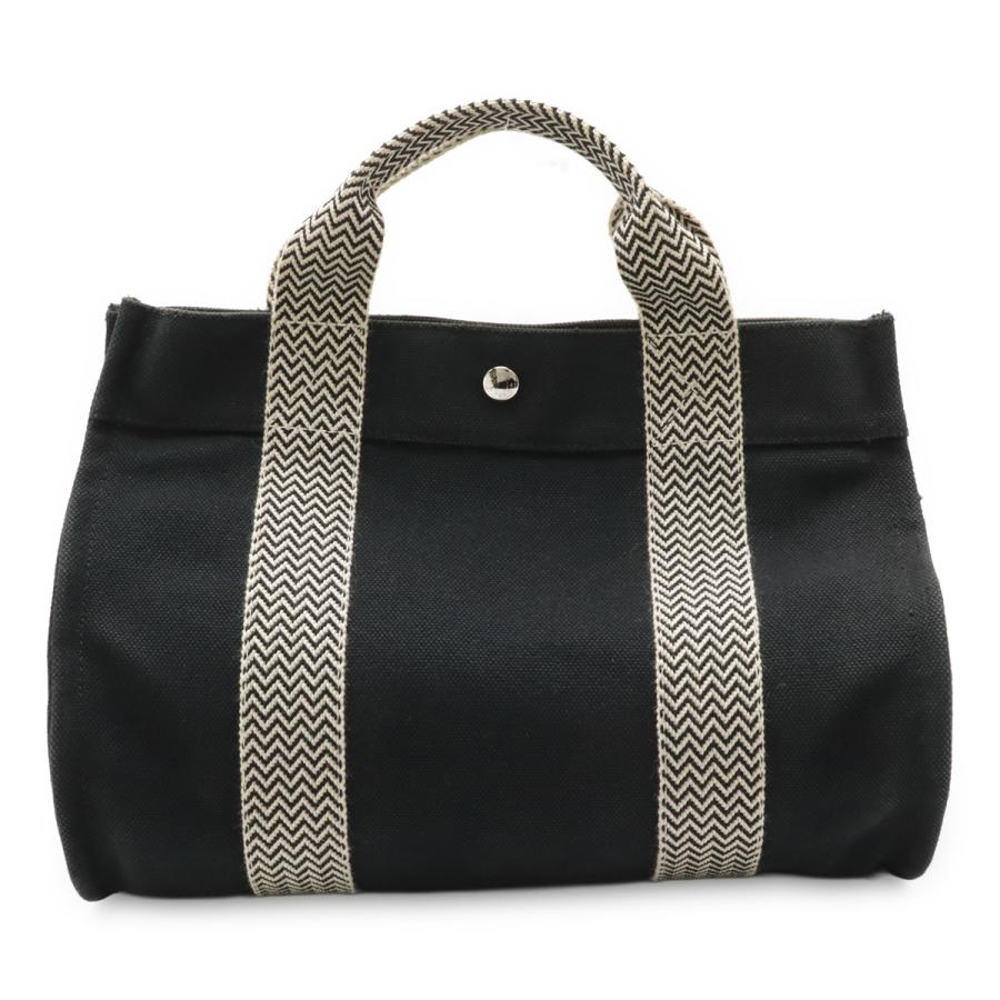 HERMES エルメス カンヌPM トートバッグ ハンドバッグ キャンバス ブラック 黒 アイボリー シルバー金具 ポーチ付き | HERMES
