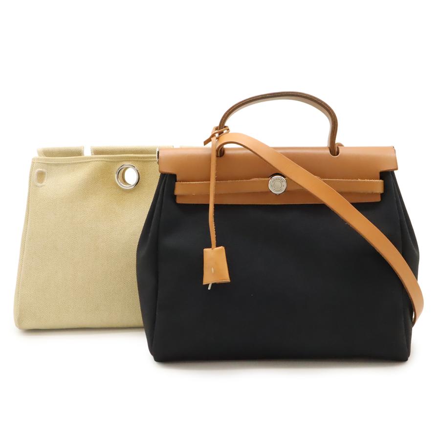 HERMES エルメス エールバッグPM ハンドバッグ 2WAY ショルダーバッグ トワルオフィシエ トワルアッシュ レザー ブラック ライトブラウン □F刻印 HERMES（エルメス） エールバッグPM ハンドバッグ 2WAY ショルダー