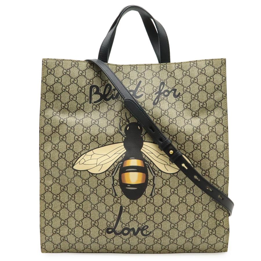 GUCCI グッチ GGスプリーム ビープリント 蜂 ハチ トートバッグ 2WAY ショルダーバッグ PVC レザー カーキベージュ ブラック 黒 450950 | GUCCI