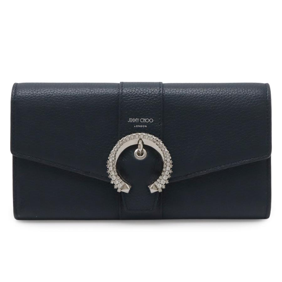 JIMMY CHOO ジミー チュウ ジミーチュウ MARTINA-C マルティナ フラップウォレット クリスタルバックル 2つ折長財布 レザー ネイビー | JIMMY CHOO