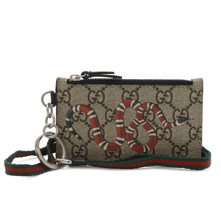 GUCCI グッチ GGスプリーム キングスネーク 蛇 コインケース 小銭入れ カードホルダー ネックストラップ PVC レザー ベージュ レッド | GUCCI