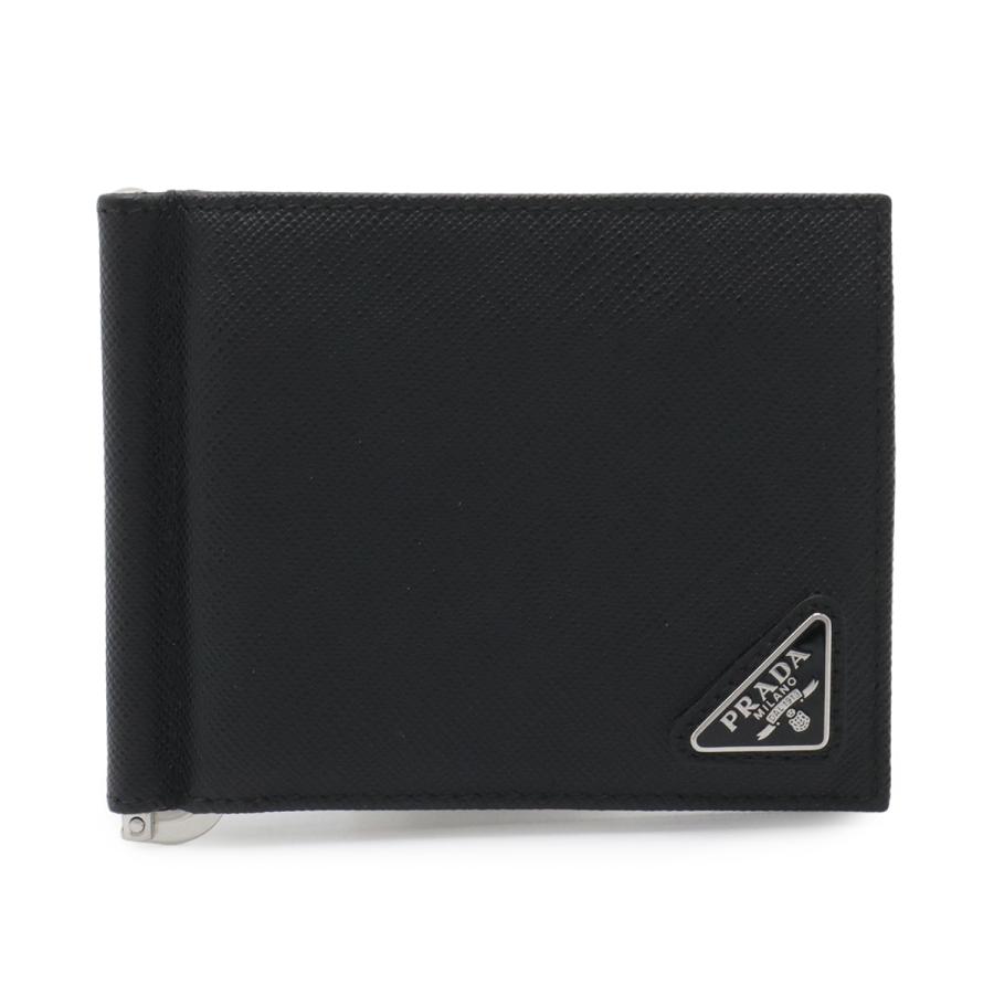 PRADA プラダ トライアングルロゴ 2つ折札入れ 二つ折り財布 マネークリップ式 ビルクリップ レザー NERO 黒 ブラック シルバー金具 | PRADA