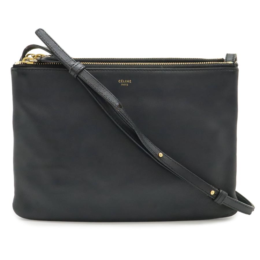 CELINE セリーヌ トリオ ラージ ショルダーバッグ ポシェット 斜め掛け ポーチ レザー ブラック 黒 ゴールド金具 171453 | CELINE
