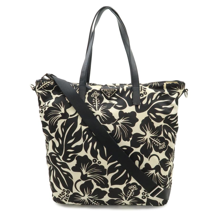 PRADA プラダ トートバッグ 2WAY ショルダーバッグ ハイビスカス フラワープリント 花柄 ナイロン レザー NERO ブラック 黒 ホワイト 白 | PRADA