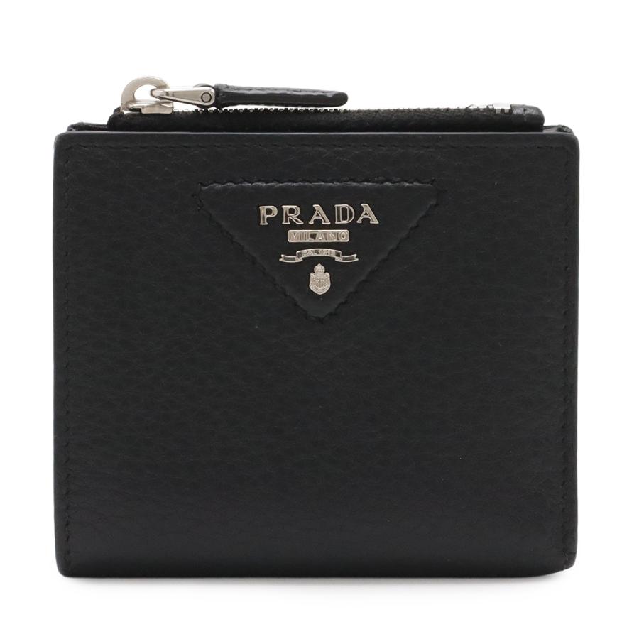 PRADA プラダ トライアングルロゴ コンパクトウォレット 2つ折財布 二つ折り財布 レザー NERO 黒 ブラック シルバー金具 2ML049 | PRADA