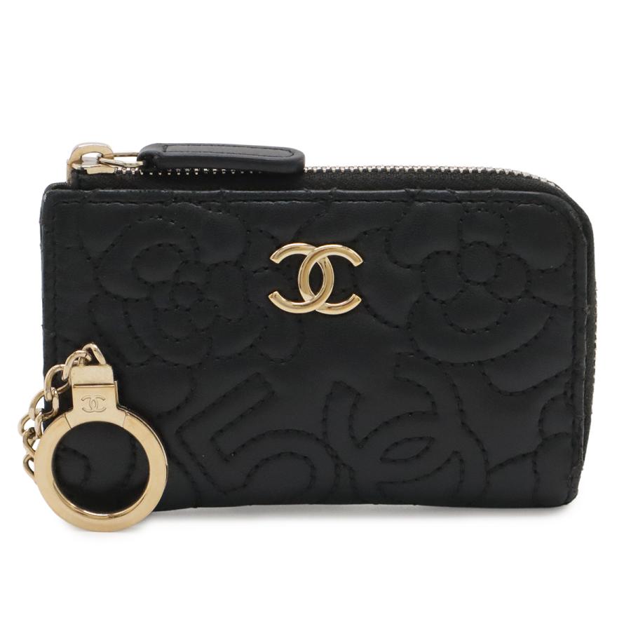 CHANEL シャネル カメリア ココマーク コインケース 小銭入れ コインパース L字ファスナー ラムスキン レザー ブラック ゴールド金具 | CHANEL