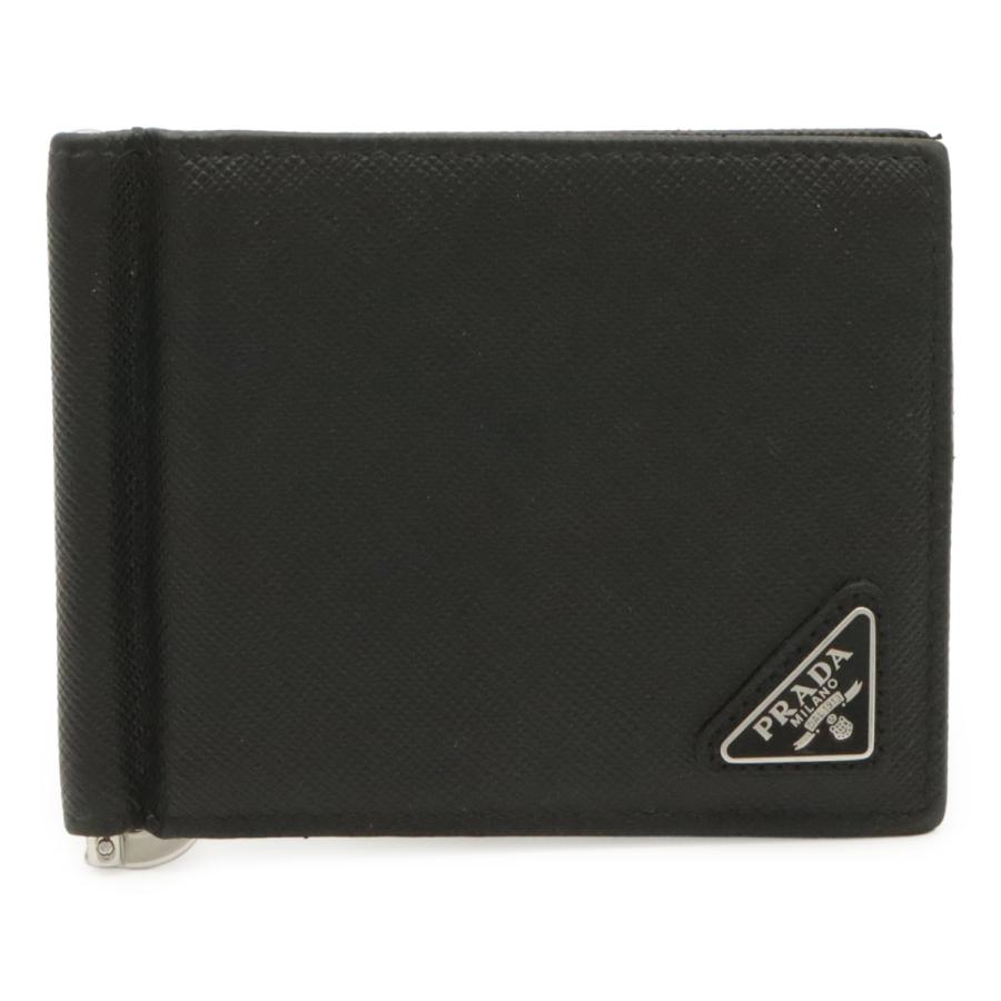 PRADA プラダ トライアングルロゴ 2つ折札入れ 二つ折り財布 マネークリップ式 ビルクリップ レザー NERO 黒 ブラック シルバー金具 | PRADA