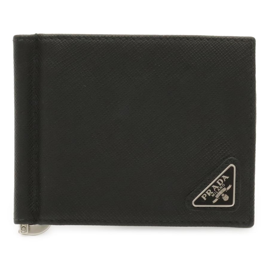 PRADA プラダ トライアングルロゴ 2つ折札入れ 二つ折り財布 マネークリップ式 ビルクリップ レザー NERO 黒 ブラック シルバー金具 | PRADA