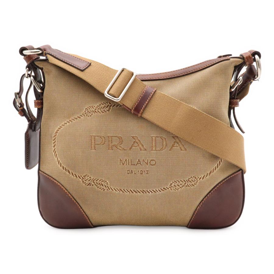 PRADA プラダ ロゴジャガード ショルダーバッグ 斜め掛け キャンバス レザー カーキベージュ ダークブラウン 茶 シルバー金具 BT0534 | PRADA