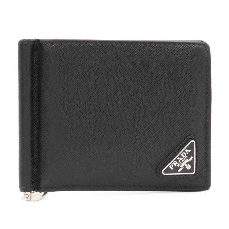 PRADA プラダ トライアングルロゴ 2つ折札入れ 二つ折り財布 マネークリップ式 ビルクリップ レザー NERO 黒 ブラック シルバー金具 | PRADA