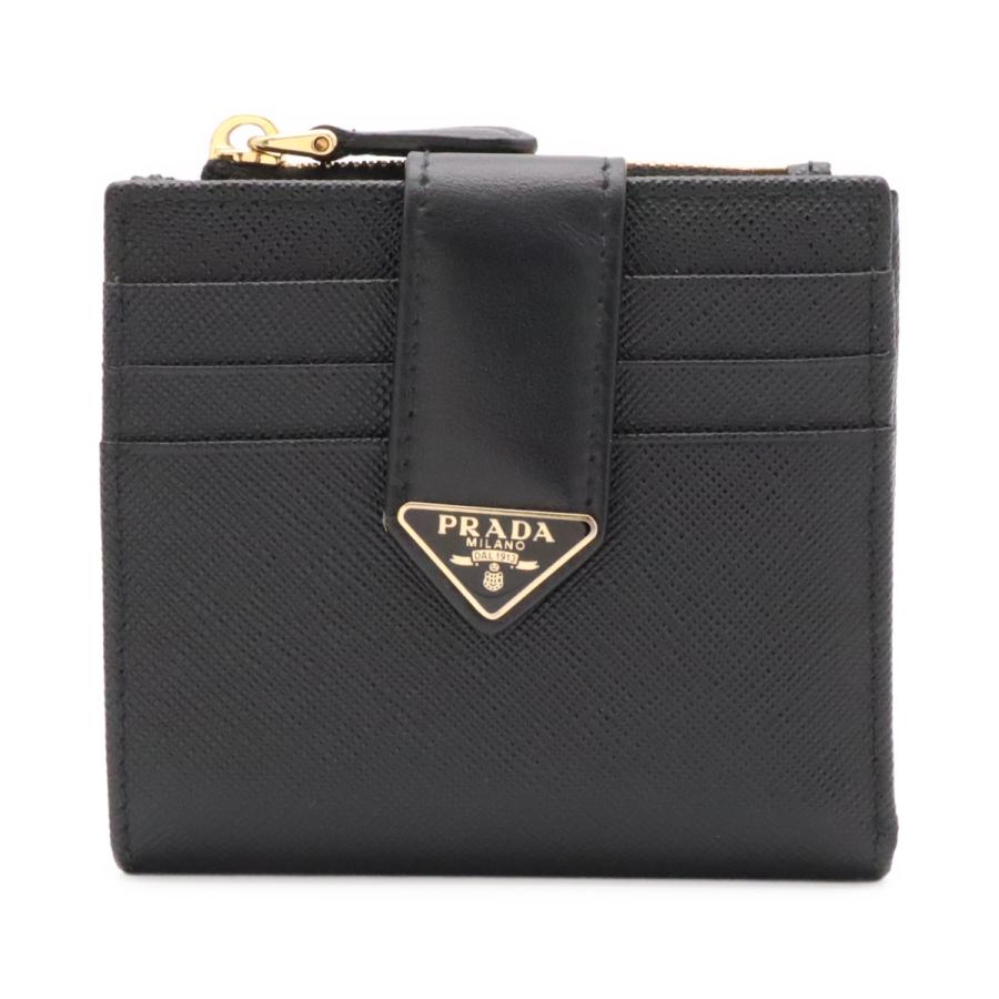 PRADA プラダ トライアングルロゴ コンパクトウォレット 2つ折財布 二つ折り財布 レザー NERO 黒 ブラック ゴールド金具 1ML047 | PRADA
